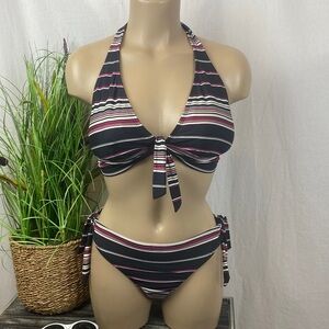 Black White Pink Striped Swim Bathing Suit Bikini White House Black Market M
